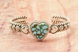 Artie Yellowhorse Genuine Kingman Web Turquoise Sterling Silver Heart Bracelet
